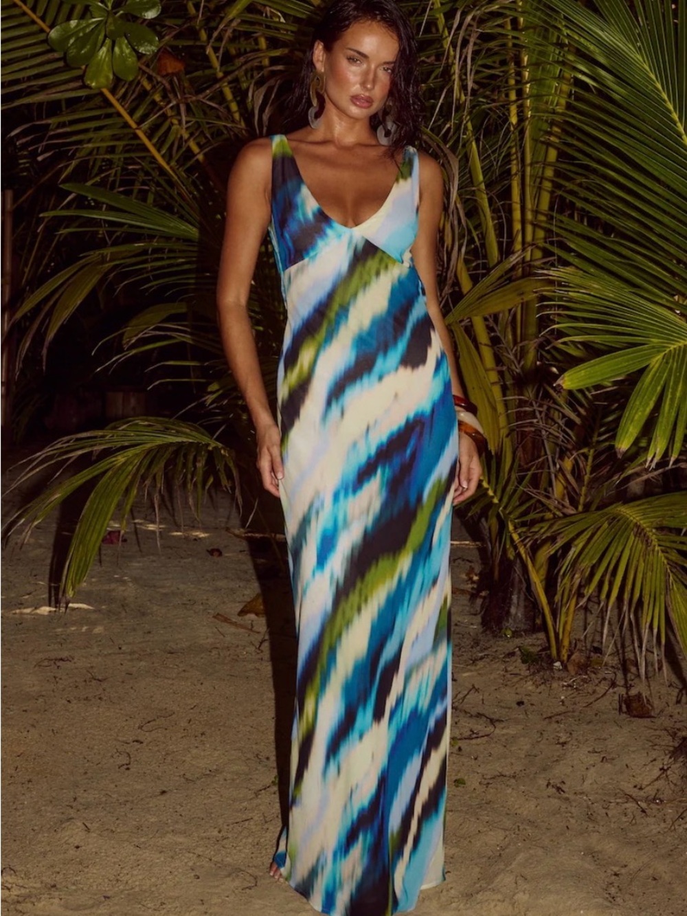 Blue Multi-Print V-Neck Maxi Dress